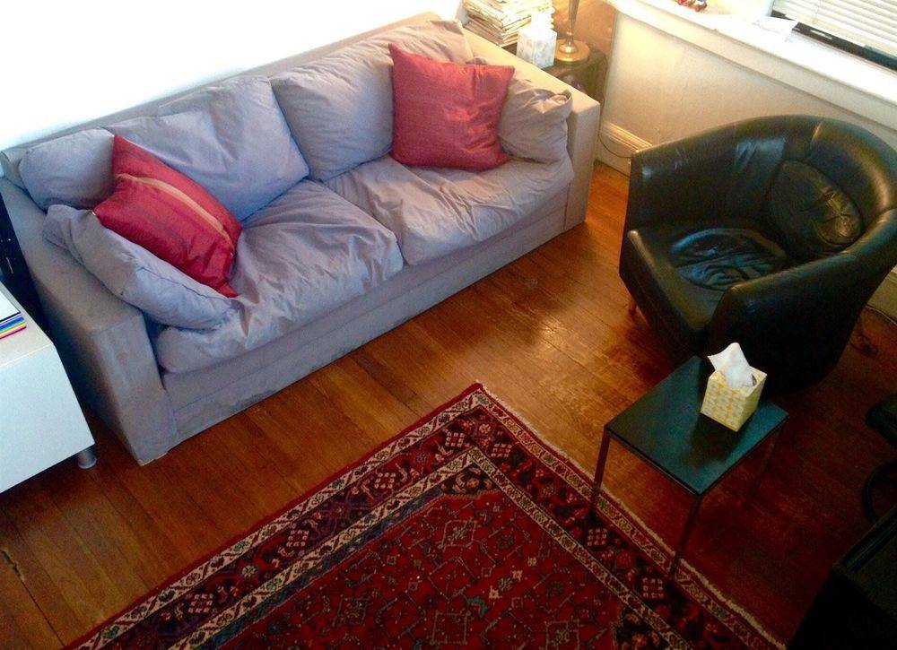 The therapy office, with a sofa, armchair and rug